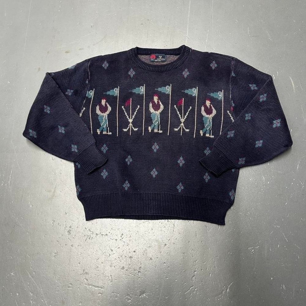 Vintage 90s earth tone navy blue golf multi color knit sweater Very boxy L